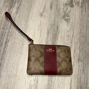 Coach Brown Signature Wristlet with Red Stripe